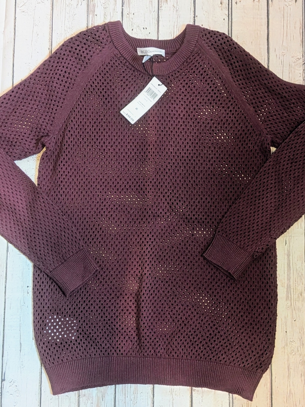 BCBGeneration Open-Knit Crewneck Sweater in Burgundy